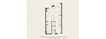 A floor plan of a small apartment with a living area, kitchen, and bathroom.