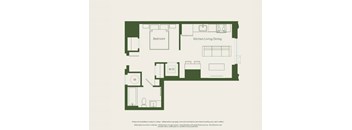 A floor plan of a small apartment with a bedroom, kitchen, and a workspace.