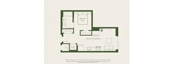 A floor plan of a house with a kitchen, living room, dining area, and bedroom.