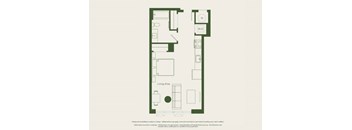 A floor plan of a house with a living area, kitchen, and bathrooms.