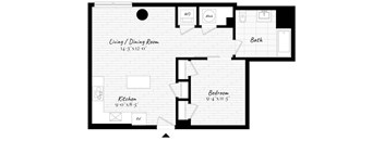 A black and white floor plan of a house with a living room, dining room, kitchen, bathroom, and bedroom.