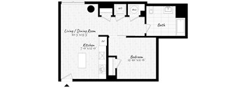 A floor plan of a house with a living/dining room, kitchen, bath, and bedroom.