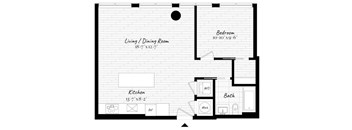 A floor plan of a small apartment with a kitchen, living room, and bathroom.