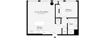A black and white image of a floor plan for a small apartment.