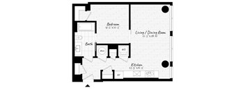 A floor plan of a small apartment with a bedroom, living/dining room, kitchen, and bathroom.