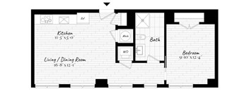 A black and white image of a floor plan for a house with a kitchen, living/dining room, bathroom, and bedroom.