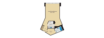 A floor plan of a living/dining/bedroom with a kitchen and bathroom.