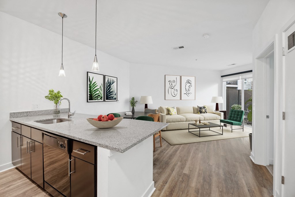 an open living room with a kitchen and a living room
