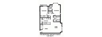 a floor plan of a small house with two bedrooms and a bathroom