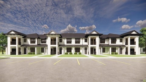 a rendering of a large apartment building with a parking lot