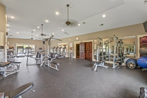 A spacious gym with a variety of equipment.