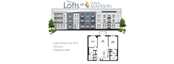 A floor plan for a 2 bedroom, 2 bath apartment at The Lofts at Town Madison.