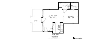 A floor plan for a home with a living room, kitchen, bathroom, bedroom, and closet at Tallmadge Lofts in Denver, CO 80211