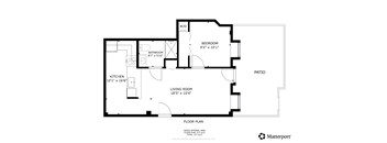 A floor plan for a home with a living room, kitchen, bathroom, and bedroom at Tallmadge Lofts in Denver, CO 80211
