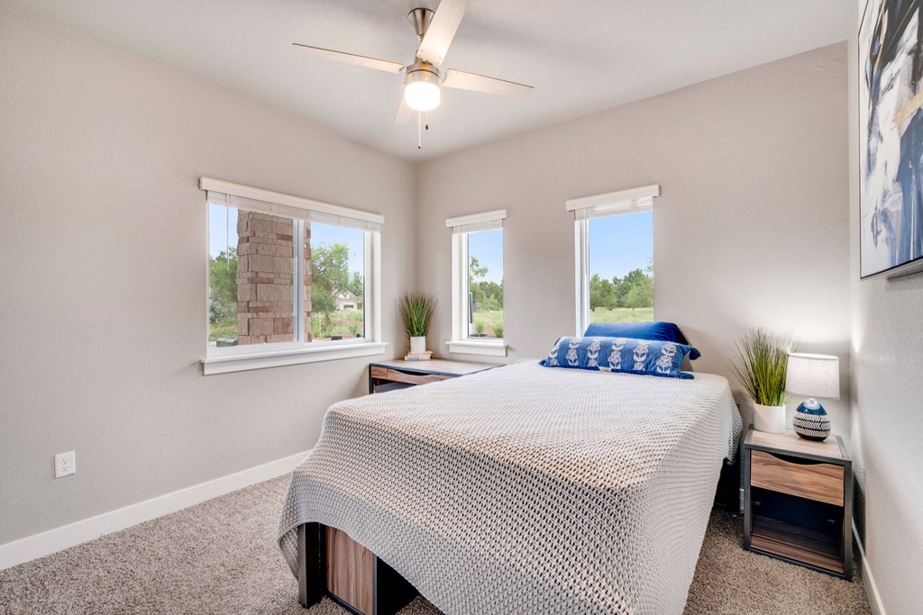 a bedroom with a large bed and three windows