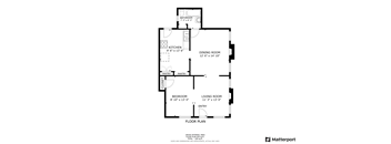 A floor plan of a house with a kitchen, dining room, living room, bedroom and pantry.