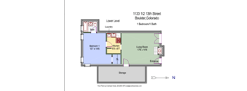 A floor plan for a one bedroom apartment in Boulder, Colorado.