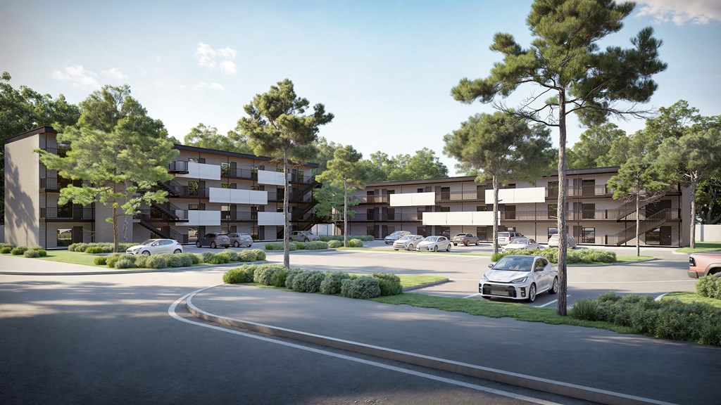 an illustration of an apartment complex with a car parked on the street
