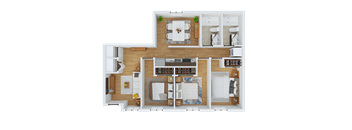 A top-down view of a well-organized apartment with a kitchen, living room, and bedrooms.