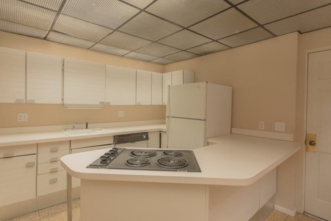 a kitchen with a stove and a refrigerator