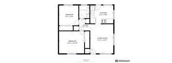 A floor plan of a house with a kitchen, two bedrooms, a living room, and a hallway.