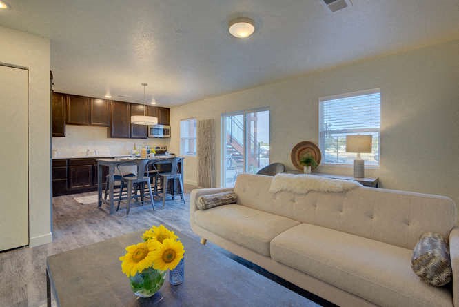 a living room with a kitchen in the background