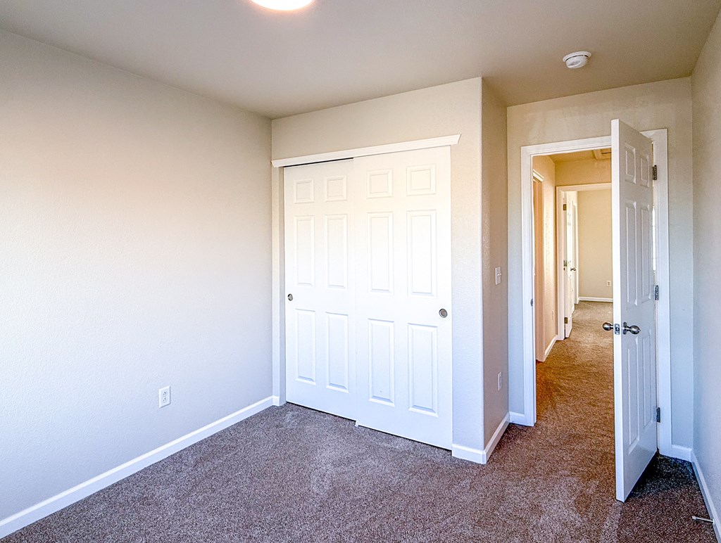 A white door is in a room with a carpet.