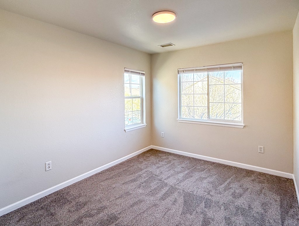 A room with a carpeted floor and two windows.