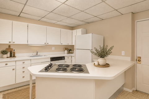 A kitchen with white cabinets and a white countertop.