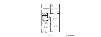A floor plan of a home with a primary bedroom, kitchen, dining room, living room, and two closets.