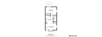 A floor plan of a small apartment with a bedroom, living room, kitchen, and storage space.