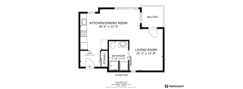 A floor plan of a living space with a kitchen, dining room, and bathroom.