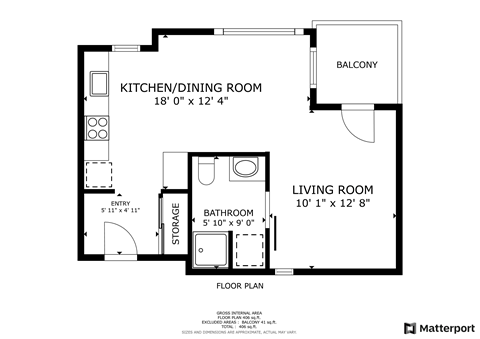 A floor plan of a living space with a kitchen, dining room, and bathroom.