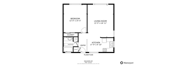 A floor plan of a small apartment with a bedroom, living room, kitchen, and closet.