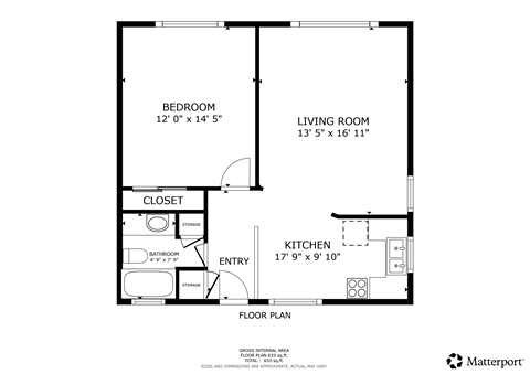 A floor plan of a small apartment with a bedroom, living room, kitchen, and closet.