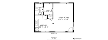 A floor plan of a small apartment with a living room, kitchen, pantry, and bathroom.