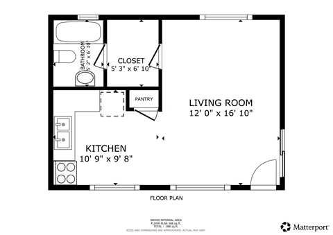 A floor plan of a small apartment with a living room, kitchen, pantry, and bathroom.