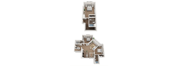 A floor plan of a two-story apartment with two bedrooms, two bathrooms, a living room, a kitchen, and a dining room.