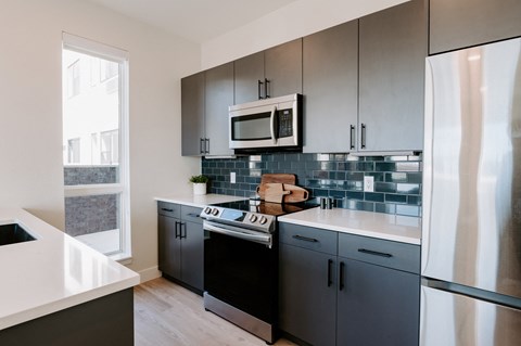 A kitchen with a black oven and a black microwave.