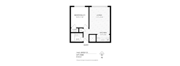 A floor plan of an apartment with a bedroom, living room, kitchen, and bathroom.