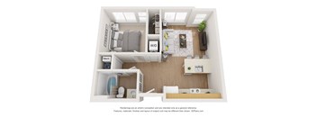 a stylized floor plan with a bedroom and a living room