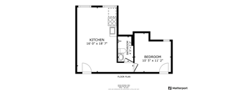 A floor plan for a small apartment with a kitchen, bathroom, and bedroom.