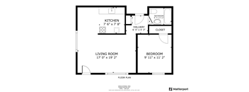 A floor plan for a home with a kitchen, living room, bedroom, bathroom, and hallway.