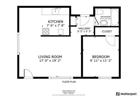 A floor plan for a home with a kitchen, living room, bedroom, bathroom, and hallway.
