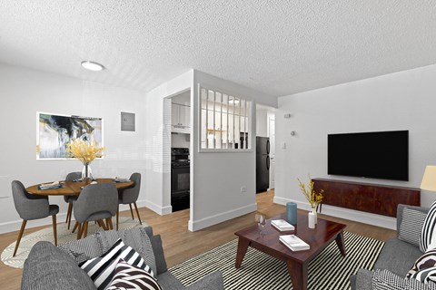 A living room with a grey couch, a coffee table, and a television.