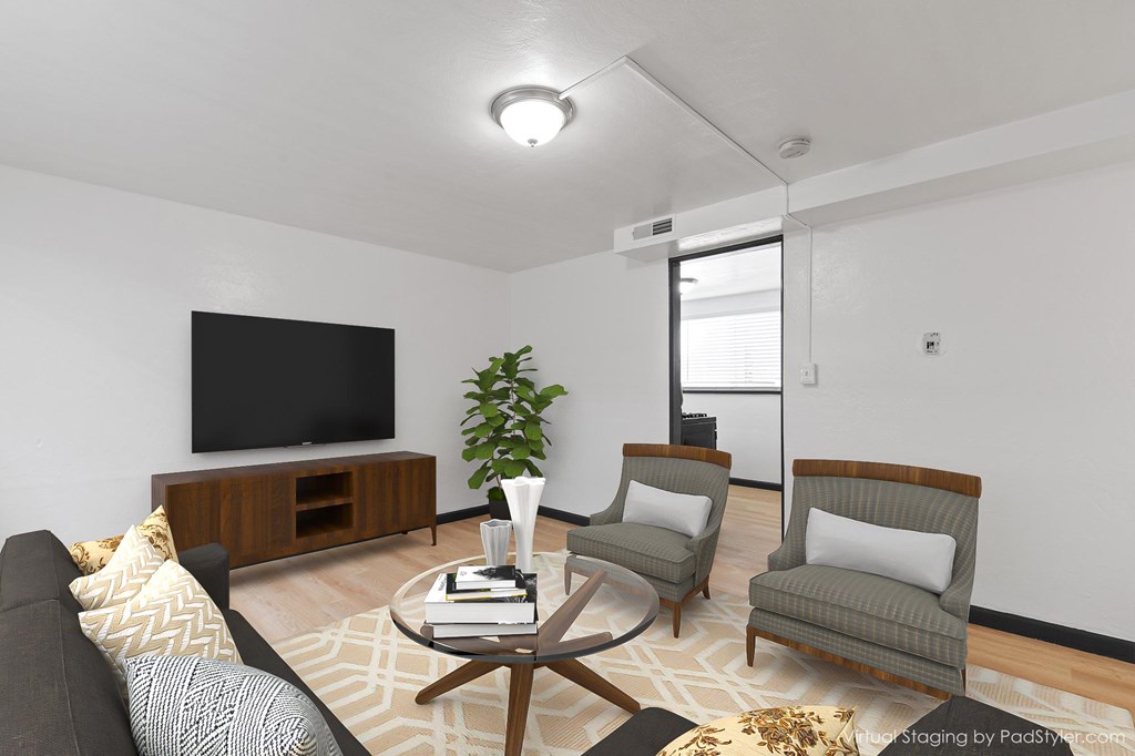 A living room with a grey couch, a coffee table, a television, and a potted plant.