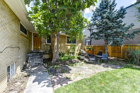 a backyard with a tree and a table and chairs