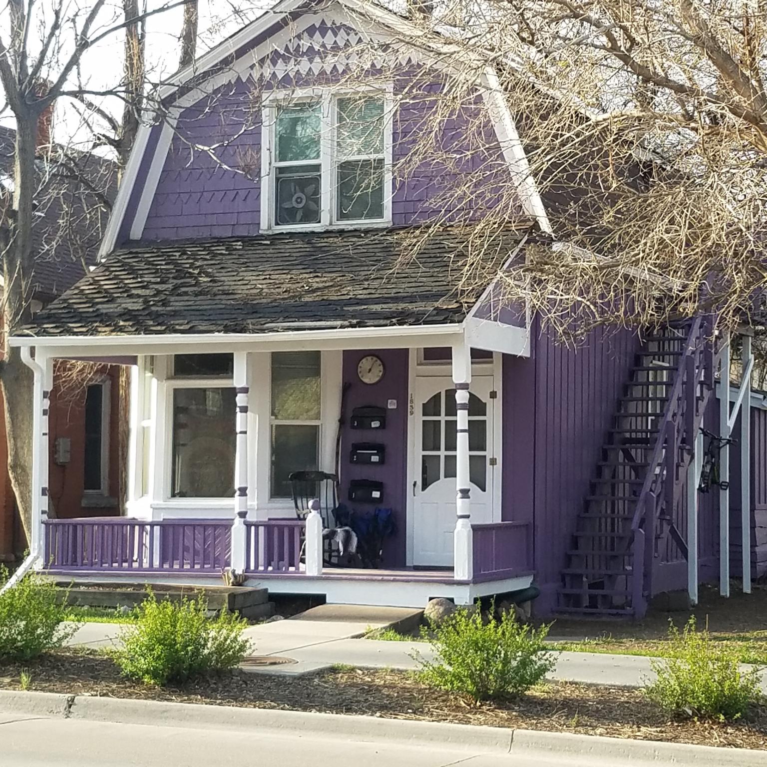 A purple house with a white door and a black roof.