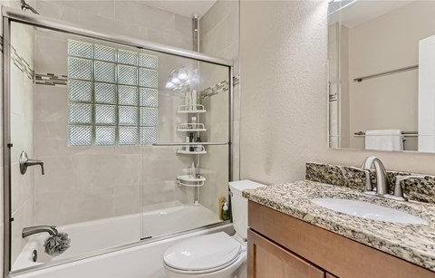 a bathroom with a shower toilet and sink