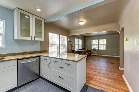 A kitchen with a dishwasher and a refrigerator.